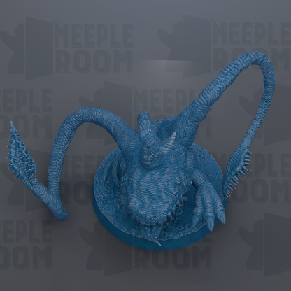 A 3D rendering of a blue, textured creature resembling a snake or lizard with a long, curved body and sharp teeth.