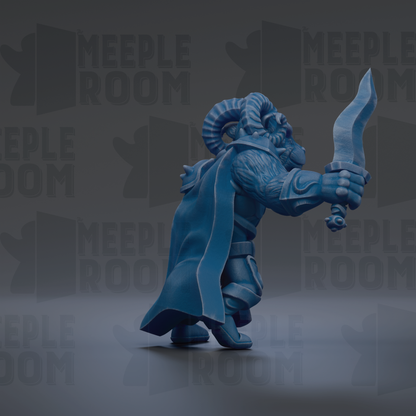 A 3D rendering of a blue-colored character holding a sword, standing in a dark environment with the text "MEUPLE ROOM" repeated multiple times in the background.