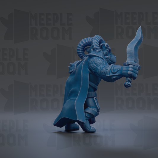 A 3D rendering of a blue-colored character holding a sword, standing in a dark environment with the text "MEUPLE ROOM" repeated multiple times in the background.