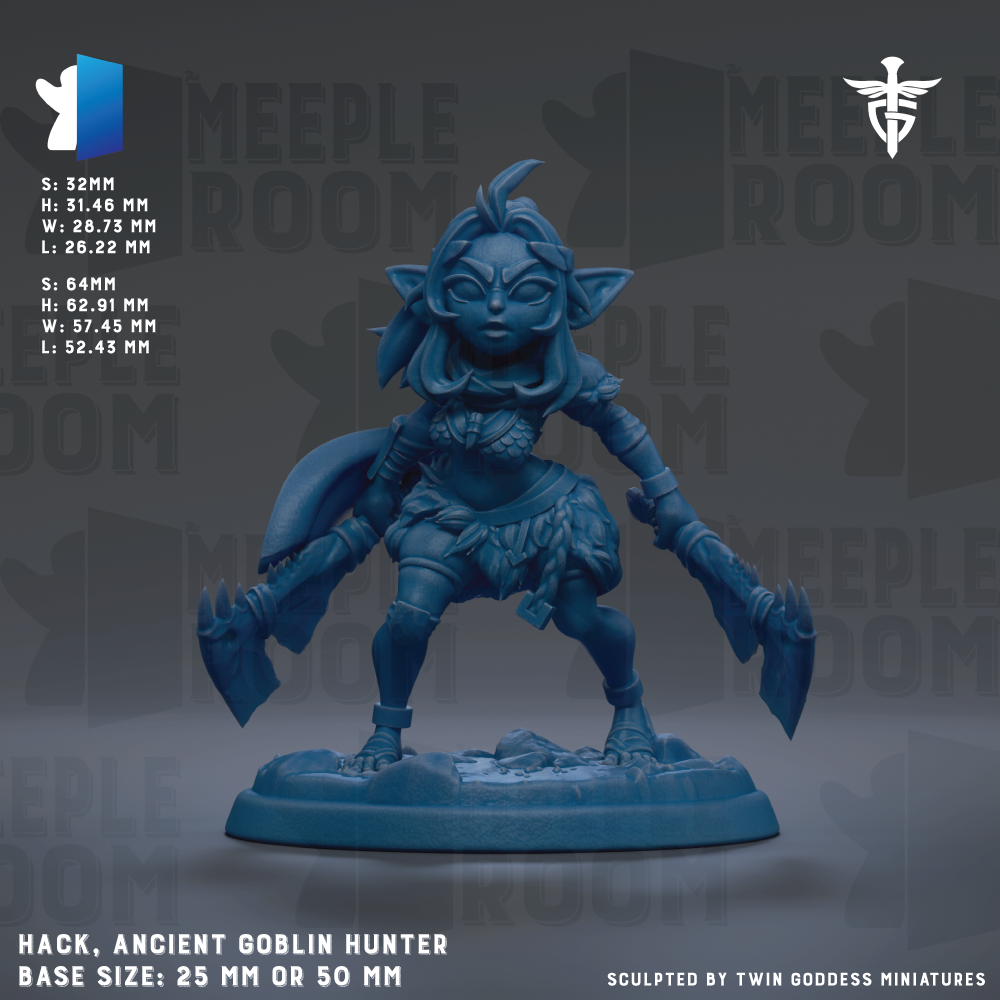 The image is a 3D model of a blue, fantastical creature resembling a dragon or a mythical creature, possibly a gnome or a magical being. The creature is standing on a base and has various weapons, such as a sword and a shield, in its hands. The image is described as a "Hack, Ancient Goblin Hunter" and is a "Base Size: 25mm or 50mm". It is a 3D model, and the base size is either 25mm or 50mm. The image is described as a "Sculpted by Twin Goddess Miniatures".