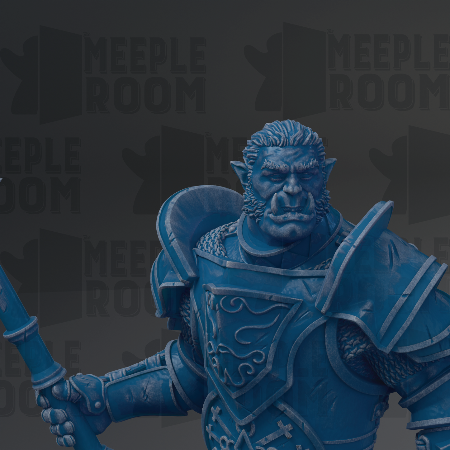 A blue armored knight figure holding a sword, with the text "MEUPLE ROOM" repeated in the background.