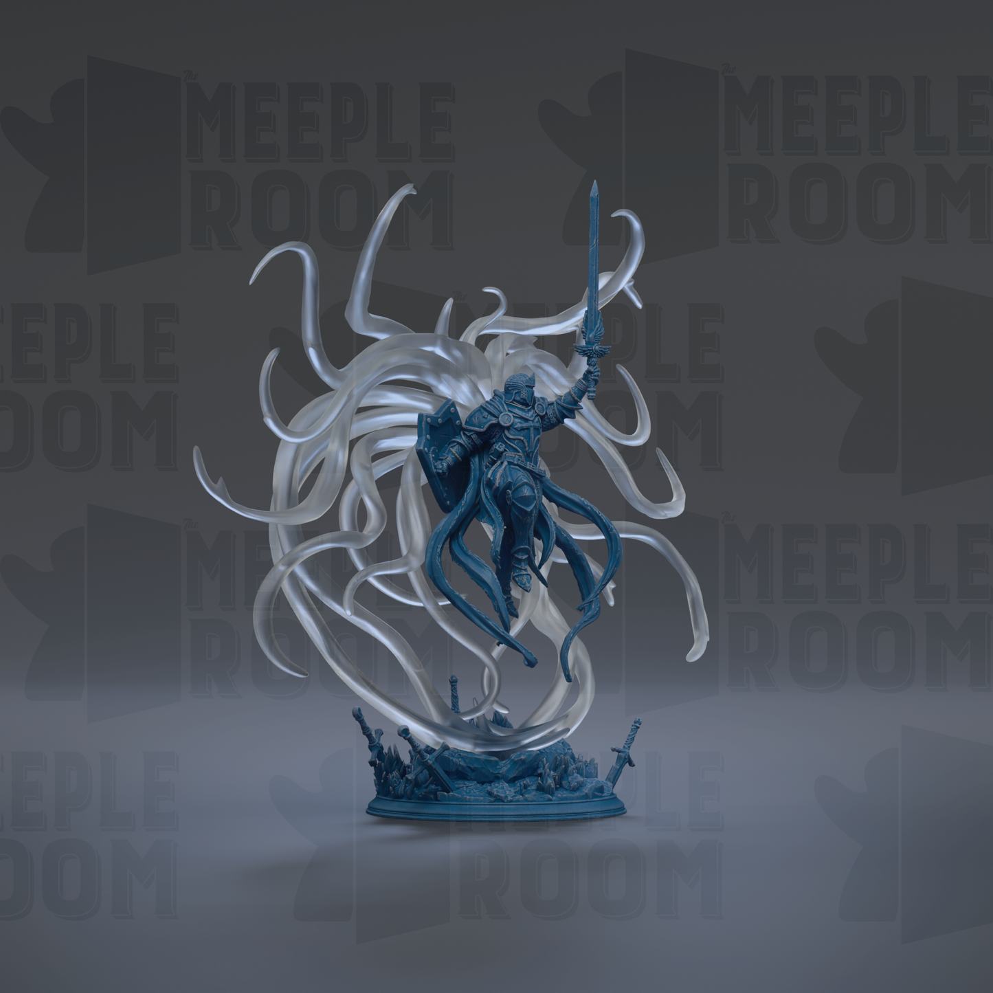 A figurine of a person with long, flowing hair and a sword stands on a pedestal against a dark background with repeated text.