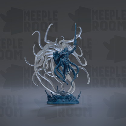 A figurine of a person with long, flowing hair and a sword stands on a pedestal against a dark background with repeated text.