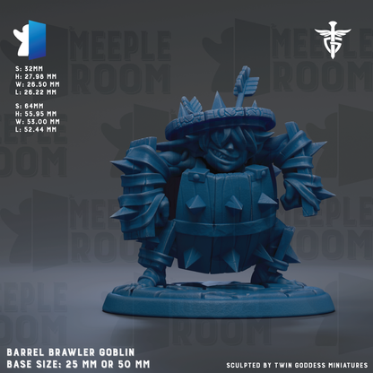 The image is a detailed 3D rendering of a barrel brawler figurine, specifically a Meeple room base size of 25mm or 50mm. The figurine is depicted in a dynamic fighting stance, with a helmet and other protective gear. The background of the image is a dark gray color, which contrasts with the blue color of the figurine. The image is a collage of multiple images, and it is described as a "sculpted by Twin Goddess miniatures" image.