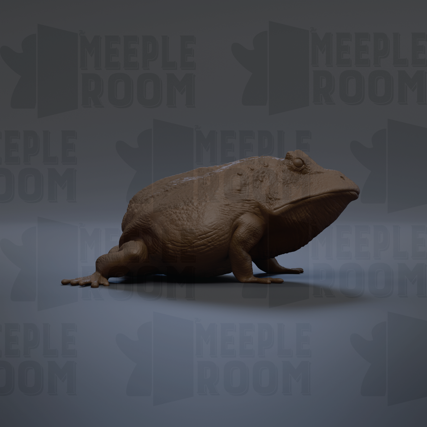 A 3D rendering of a frog sitting on a gray background.