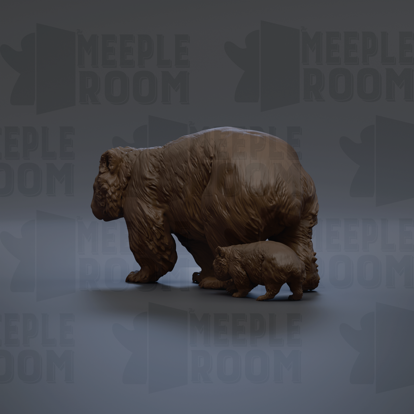 A 3D rendering of a bear and its cub, with the bear appearing larger than the cub due to the perspective.