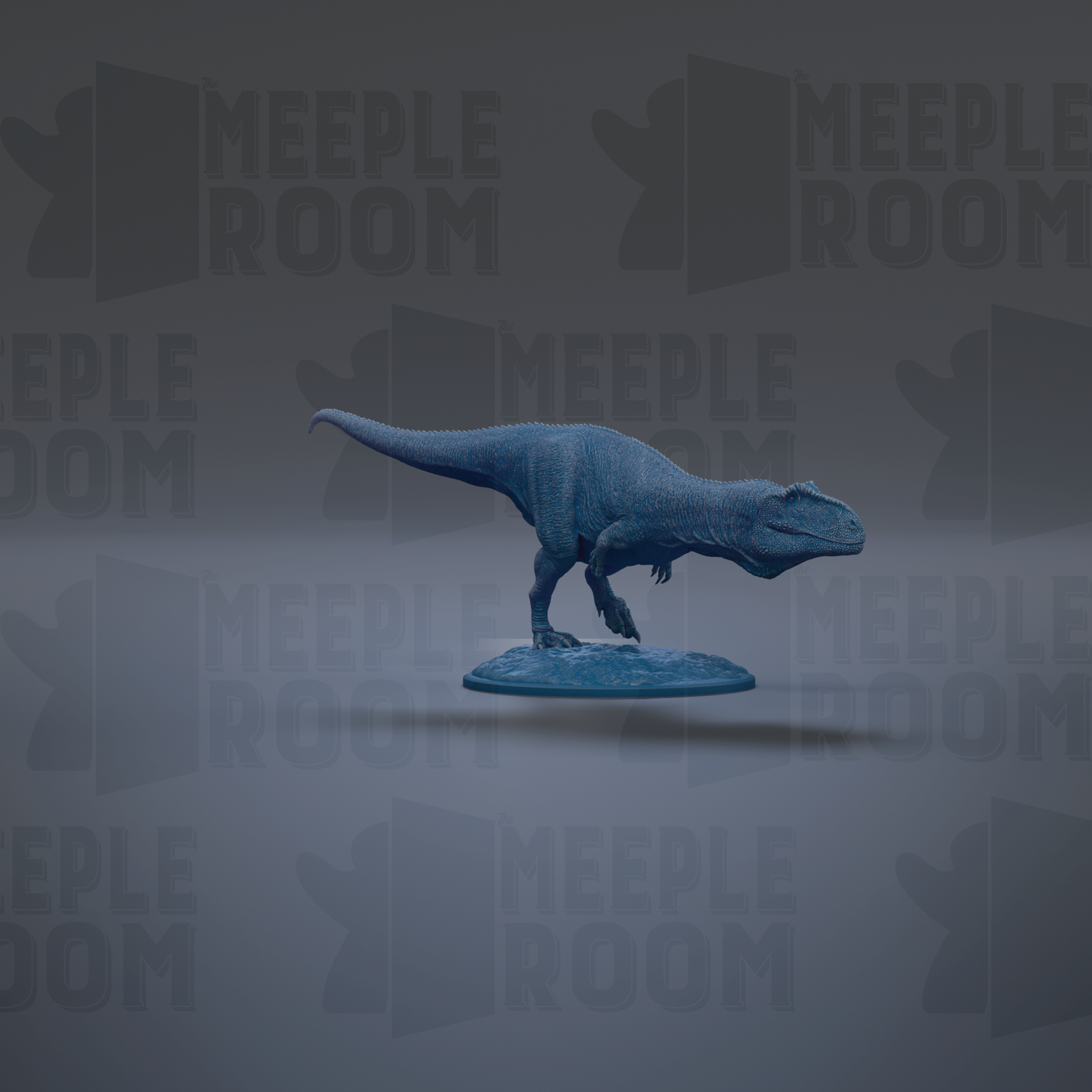 A 3D model of a dinosaur, specifically a T-Rex, is shown in the center of the image.