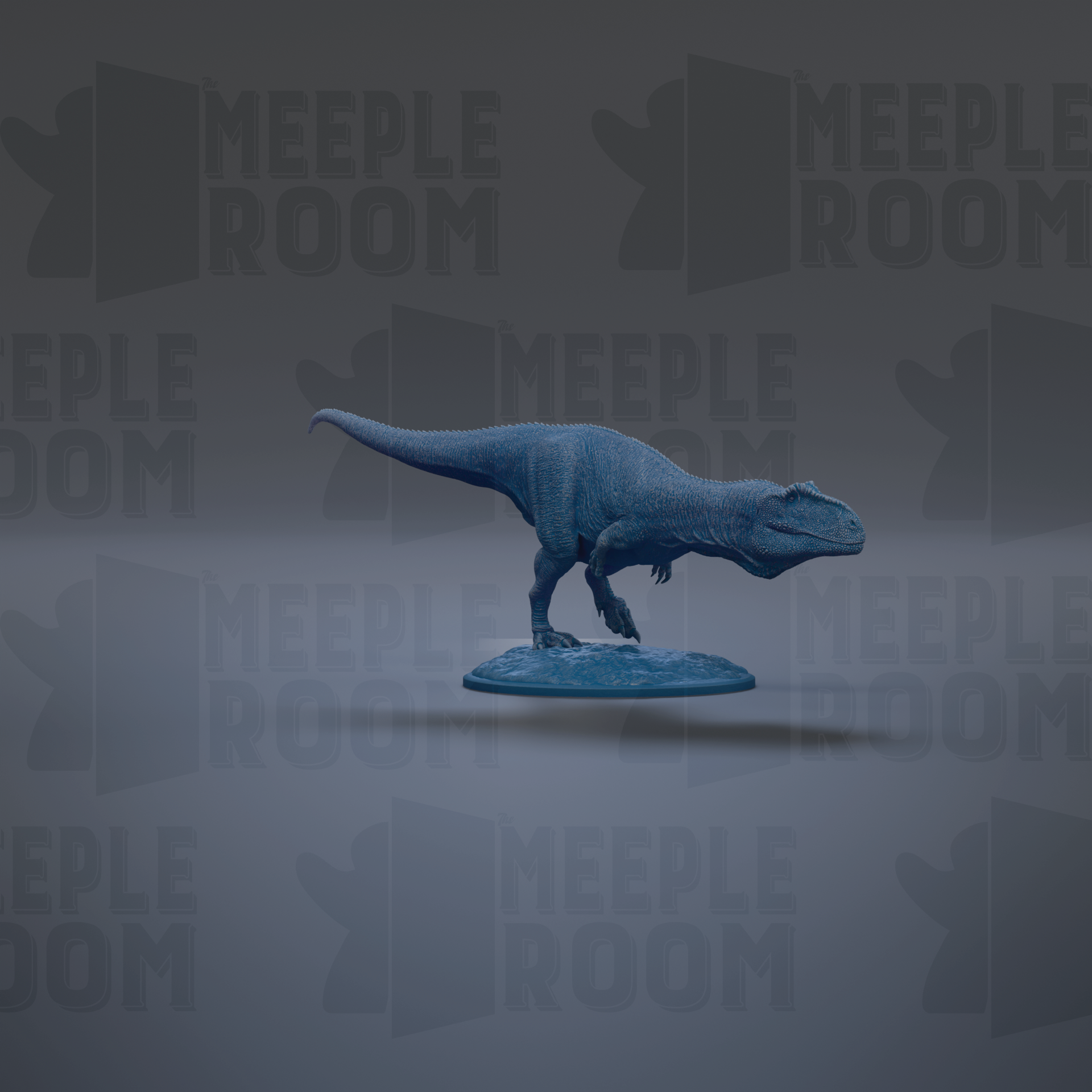 A 3D model of a dinosaur, specifically a T-Rex, is shown in the center of the image.