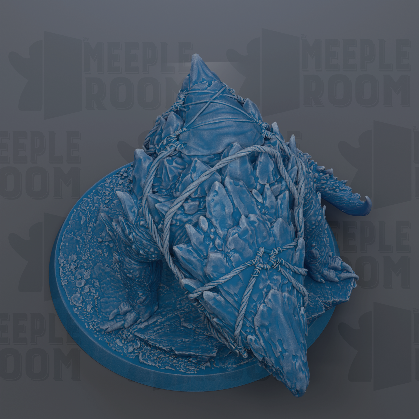 A 3D rendering of a blue, rocky creature with sharp teeth and claws, sitting on a circular base.