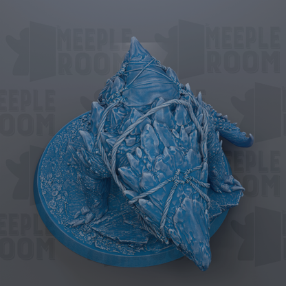 A 3D rendering of a blue, rocky creature with sharp teeth and claws, sitting on a circular base.