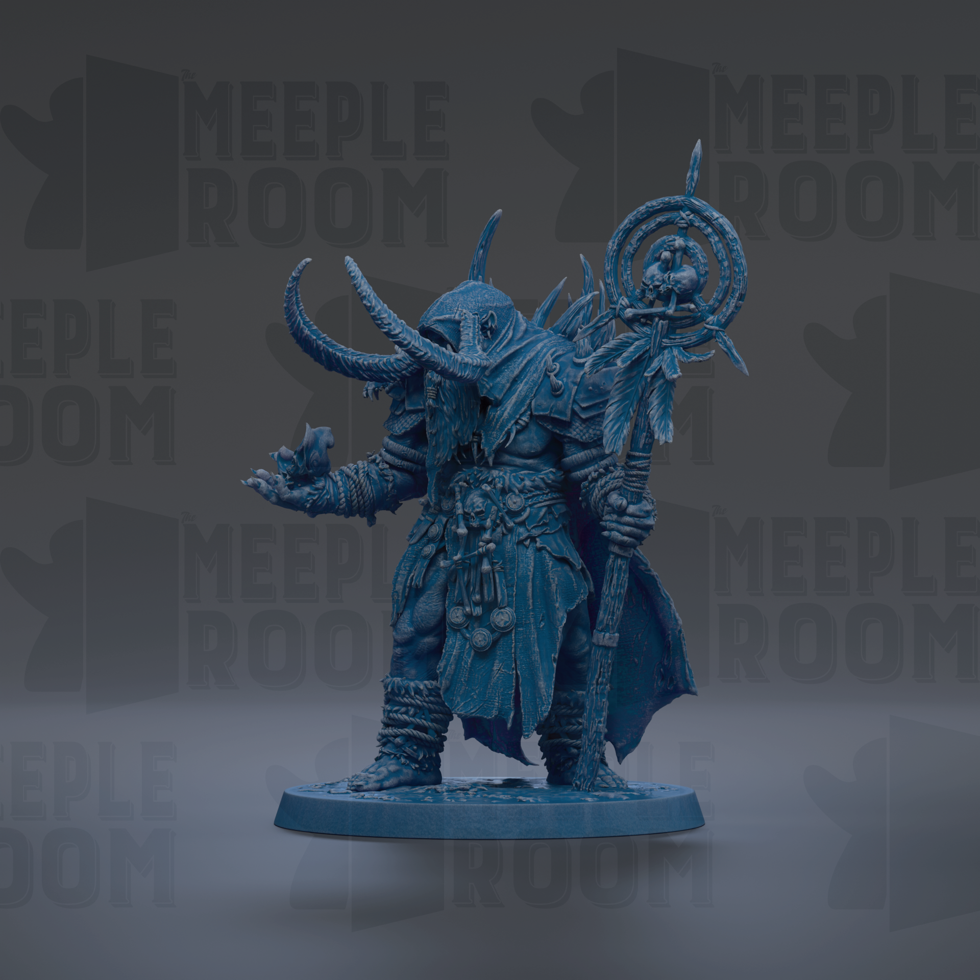 A blue, detailed figurine of a warrior-like character with horns, a staff, and a flowing robe, standing on a base.