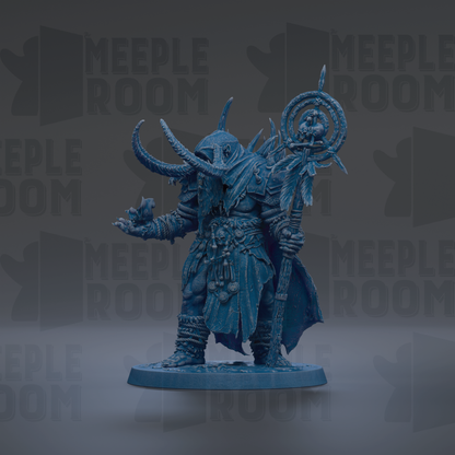 A blue, detailed figurine of a warrior-like character with horns, a staff, and a flowing robe, standing on a base.
