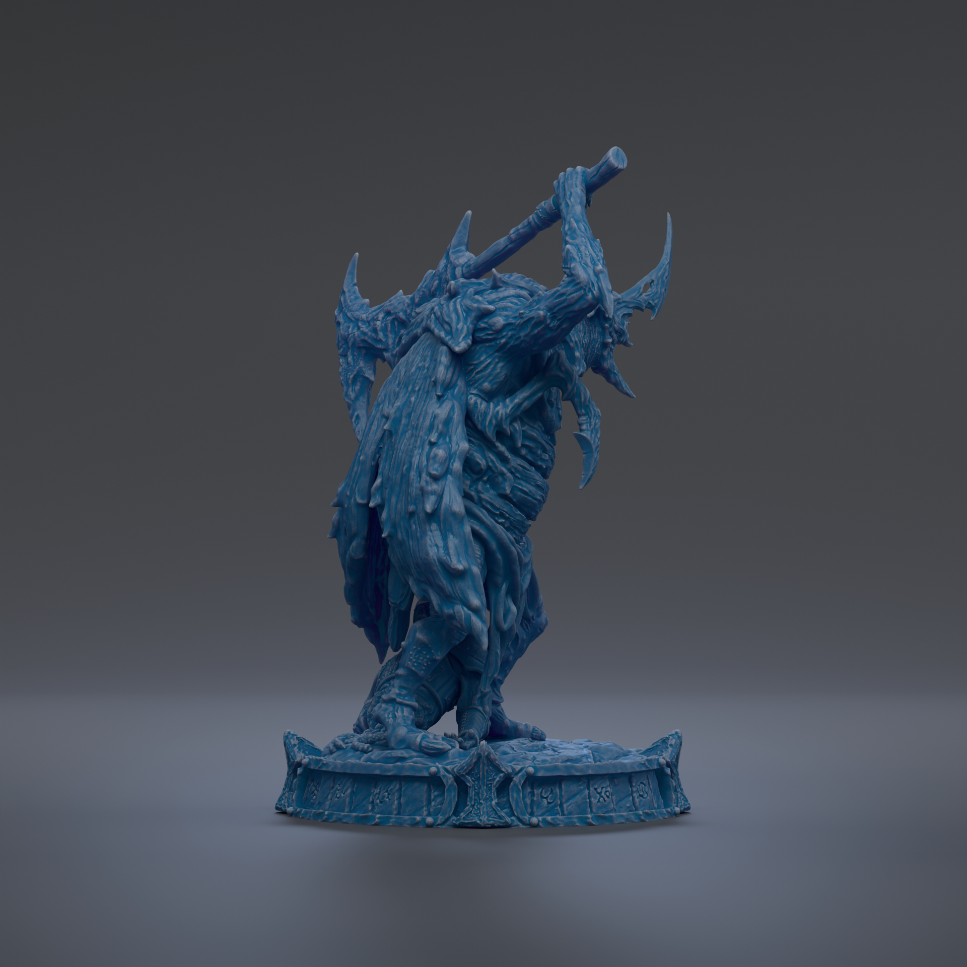 A blue, 3D-rendered statue of a fantastical creature with horns and a long, curved weapon.