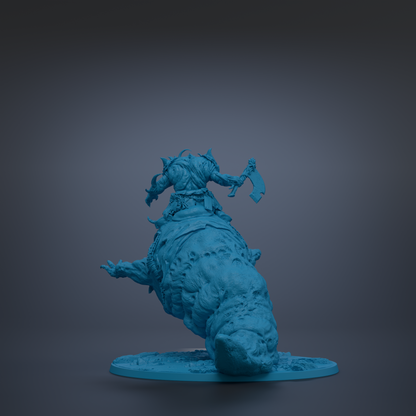 A blue, 3D-rendered statue of a creature with a large head and a smaller body, standing on a platform.