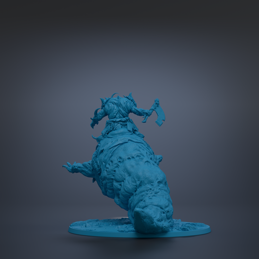 A blue, 3D-rendered statue of a creature with a large head and a smaller body, standing on a platform.