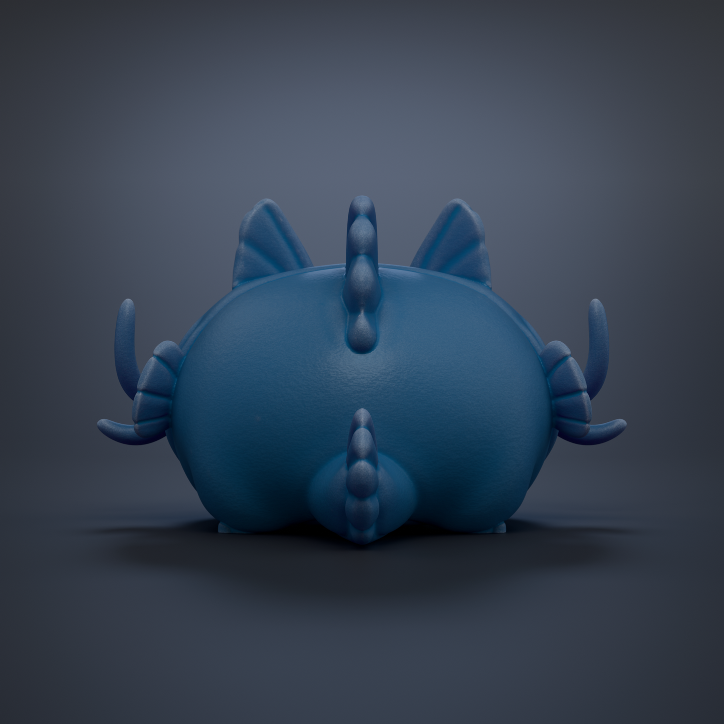 A blue, cartoon-like creature with a large head and small body is shown against a dark background.