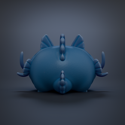 A blue, cartoon-like creature with a large head and small body is shown against a dark background.