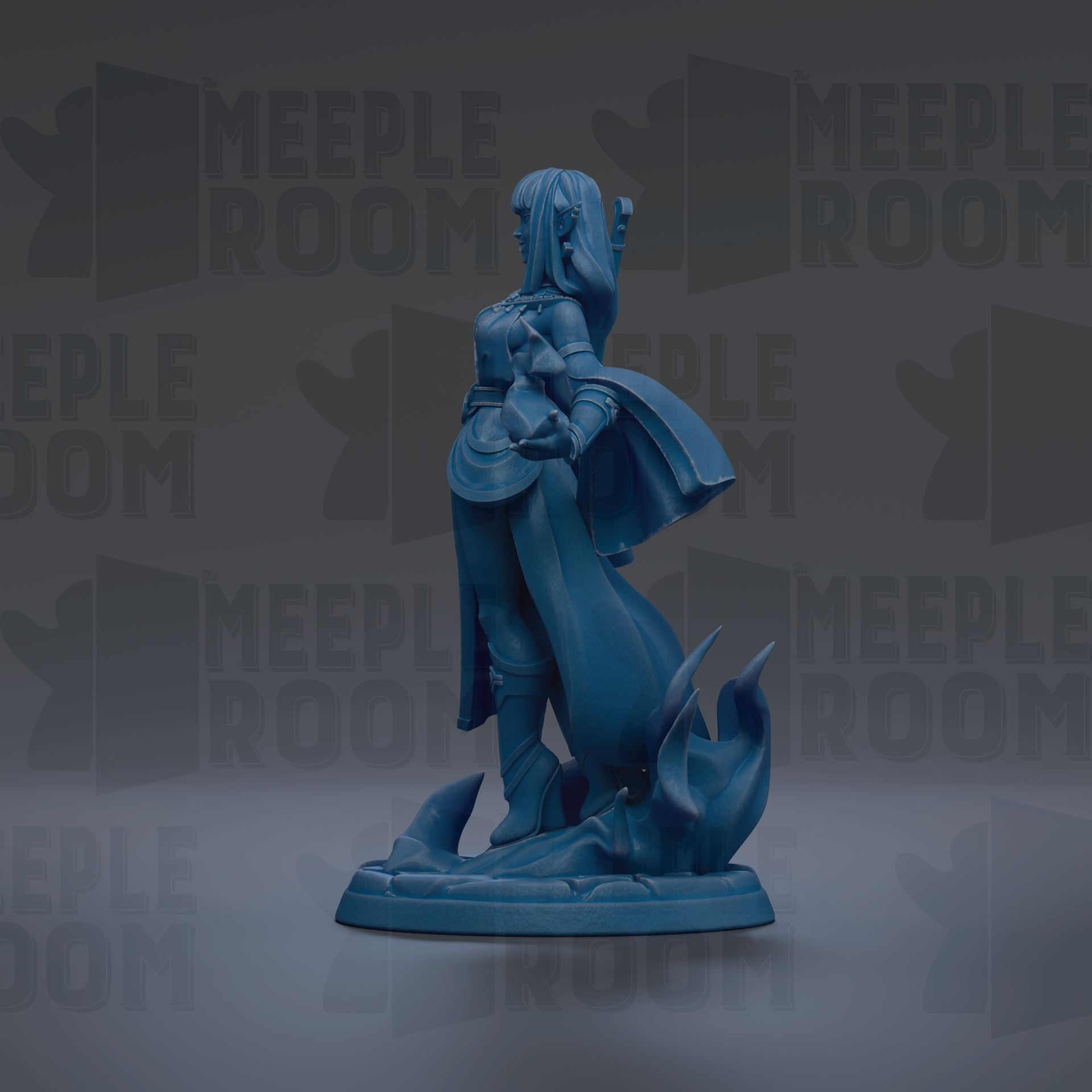 A blue figurine of a woman with long hair and a flowing cape, standing on a base with flames or fire behind her, against a dark background with repeated text.