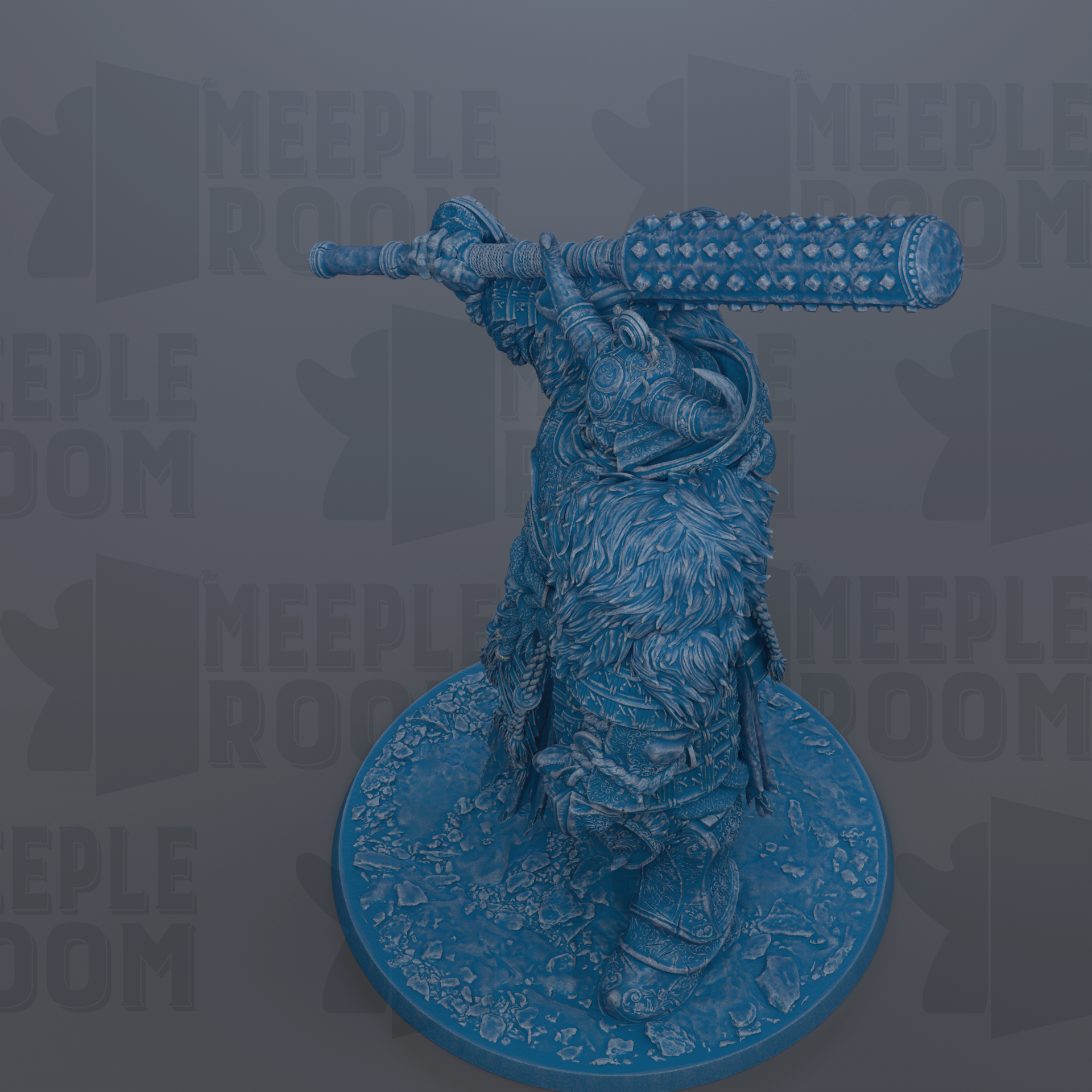 A detailed 3D rendering of a blue, armored figure holding a large weapon, standing on a circular base.