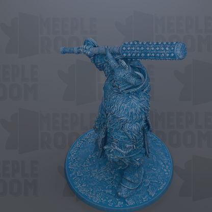A detailed 3D rendering of a blue, armored figure holding a large weapon, standing on a circular base.