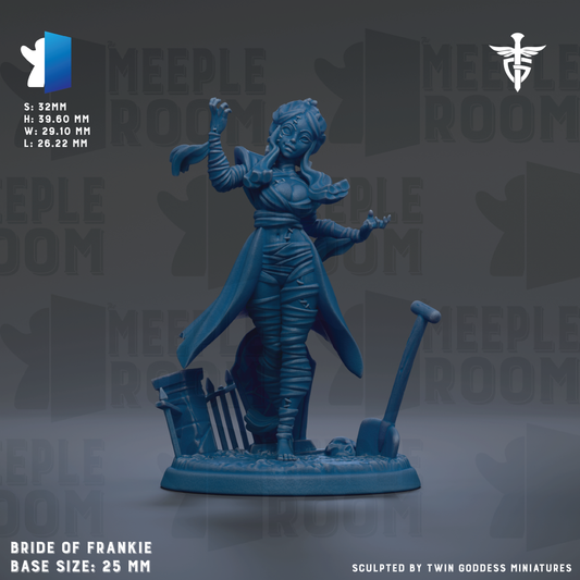 The image is a figurine of a woman, specifically the Bride of Frankie, with a base size of 25mm.
