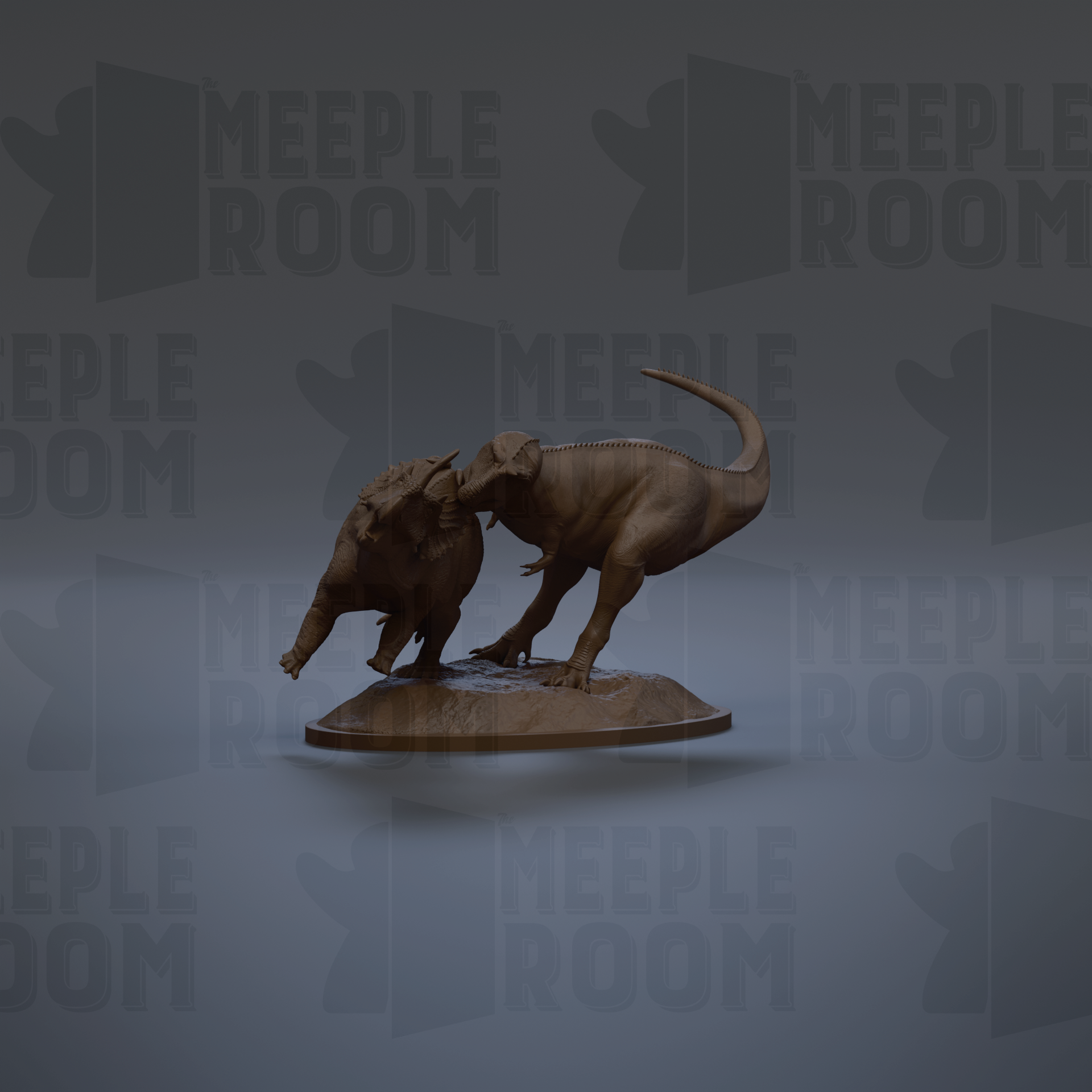 A 3D model of a dinosaur, specifically a T-Rex, is displayed against a dark background with repeated text.