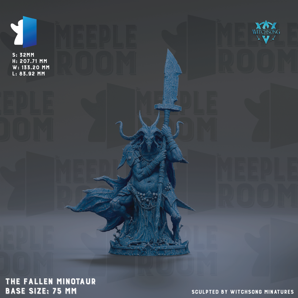 a detailed, blue-colored figurine of a fallen minotaur, a mythical creature with horns and a tail, standing on a base. The figurine is described as a "base size: 75 mm" and is "sculpted by witchsoong miniatures".