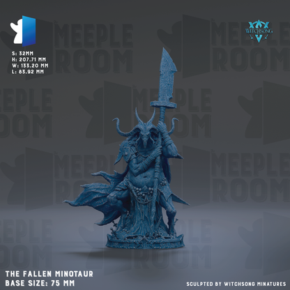 a detailed, blue-colored figurine of a fallen minotaur, a mythical creature with horns and a tail, standing on a base. The figurine is described as a "base size: 75 mm" and is "sculpted by witchsoong miniatures".