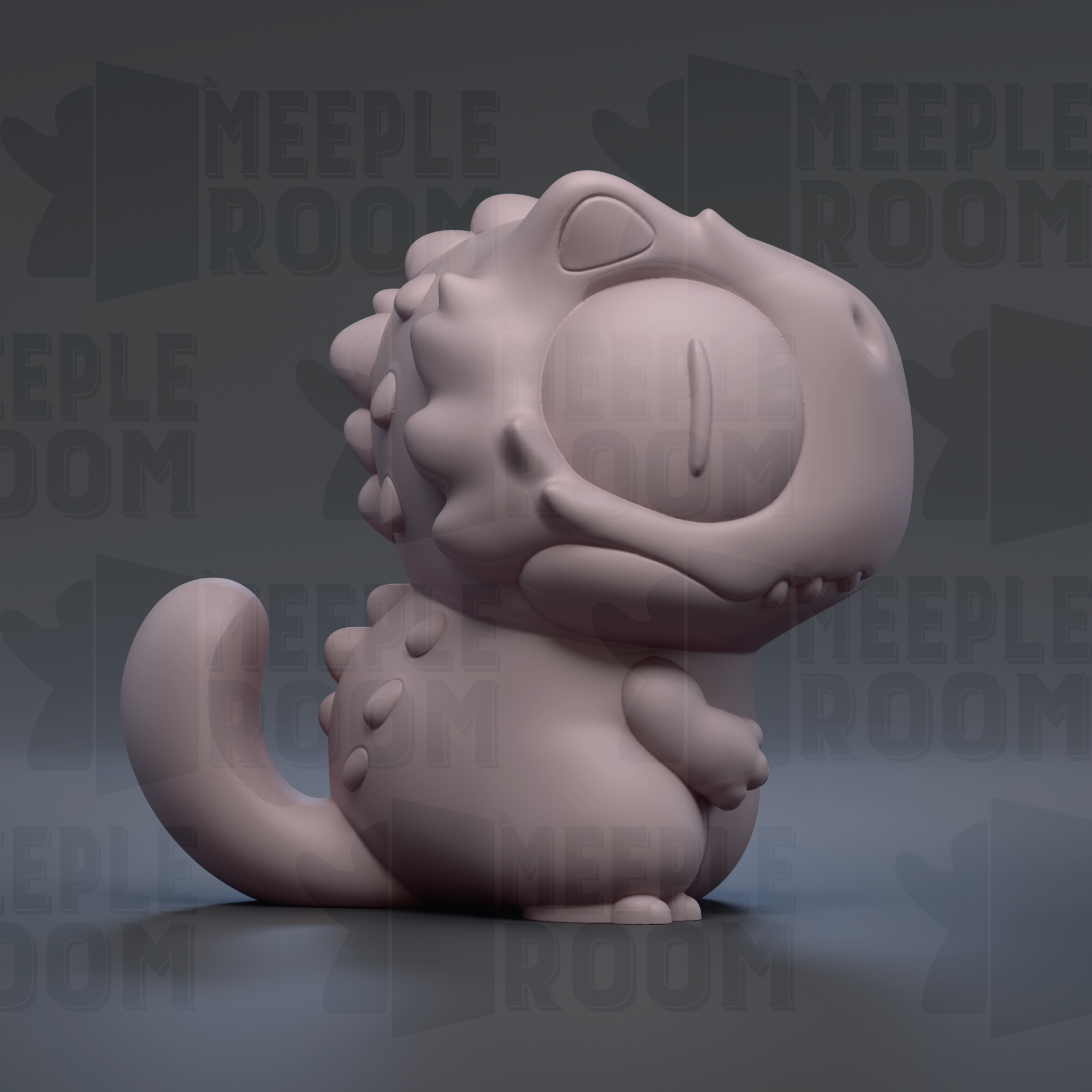 A 3D rendering of a small, cartoonish dinosaur-like creature with a large head and sharp teeth, sitting on its hind legs against a dark background.