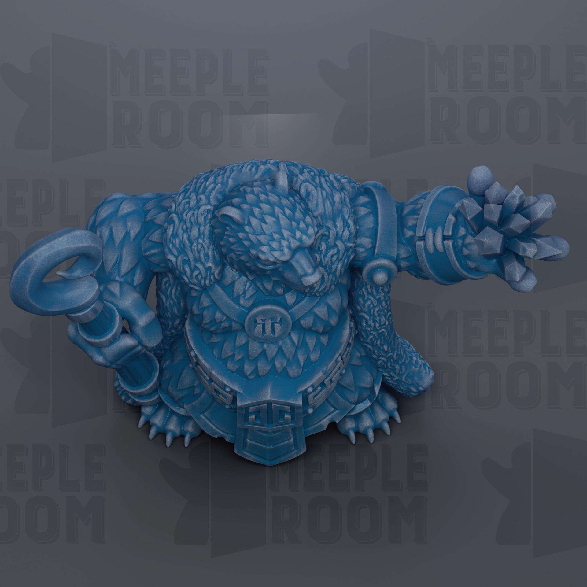 A blue, 3D-rendered figurine of a bear-like creature with intricate patterns and designs, standing on its hind legs and holding a weapon in its right hand.