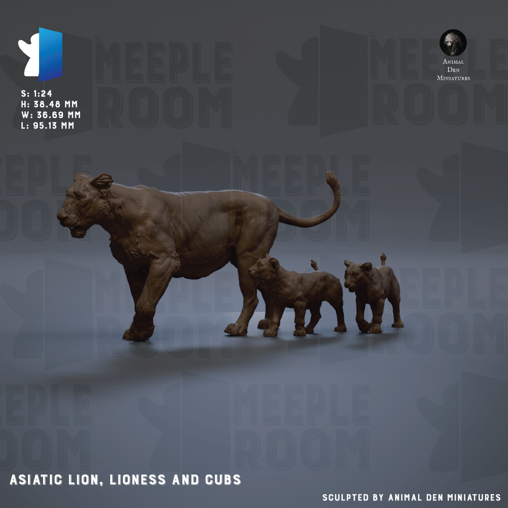 The image is a 3D rendering of a lion, two cubs, and a bear, all depicted in a realistic style.