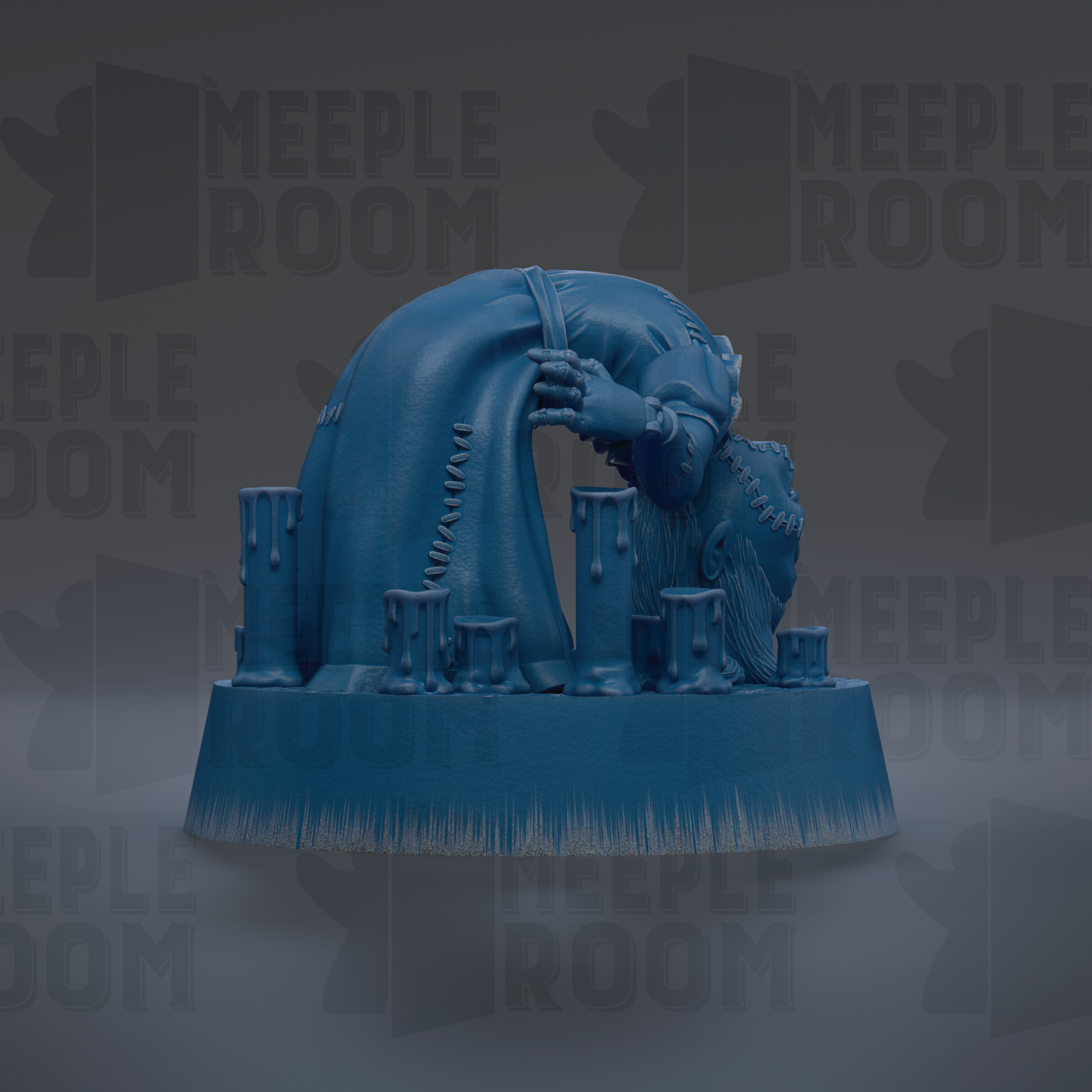 A blue, abstract sculpture with a curved, organic shape and dripping, dripping elements, set against a dark background with repeated text.