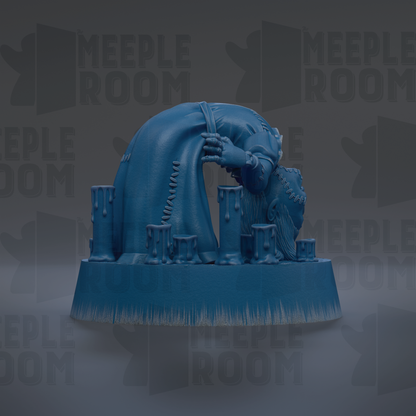 A blue, abstract sculpture with a curved, organic shape and dripping, dripping elements, set against a dark background with repeated text.