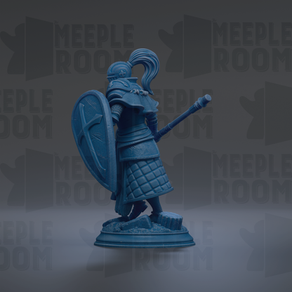 A blue figurine of a knight holding a shield and sword stands against a dark background with repeated "MEUPLE ROOM" text.