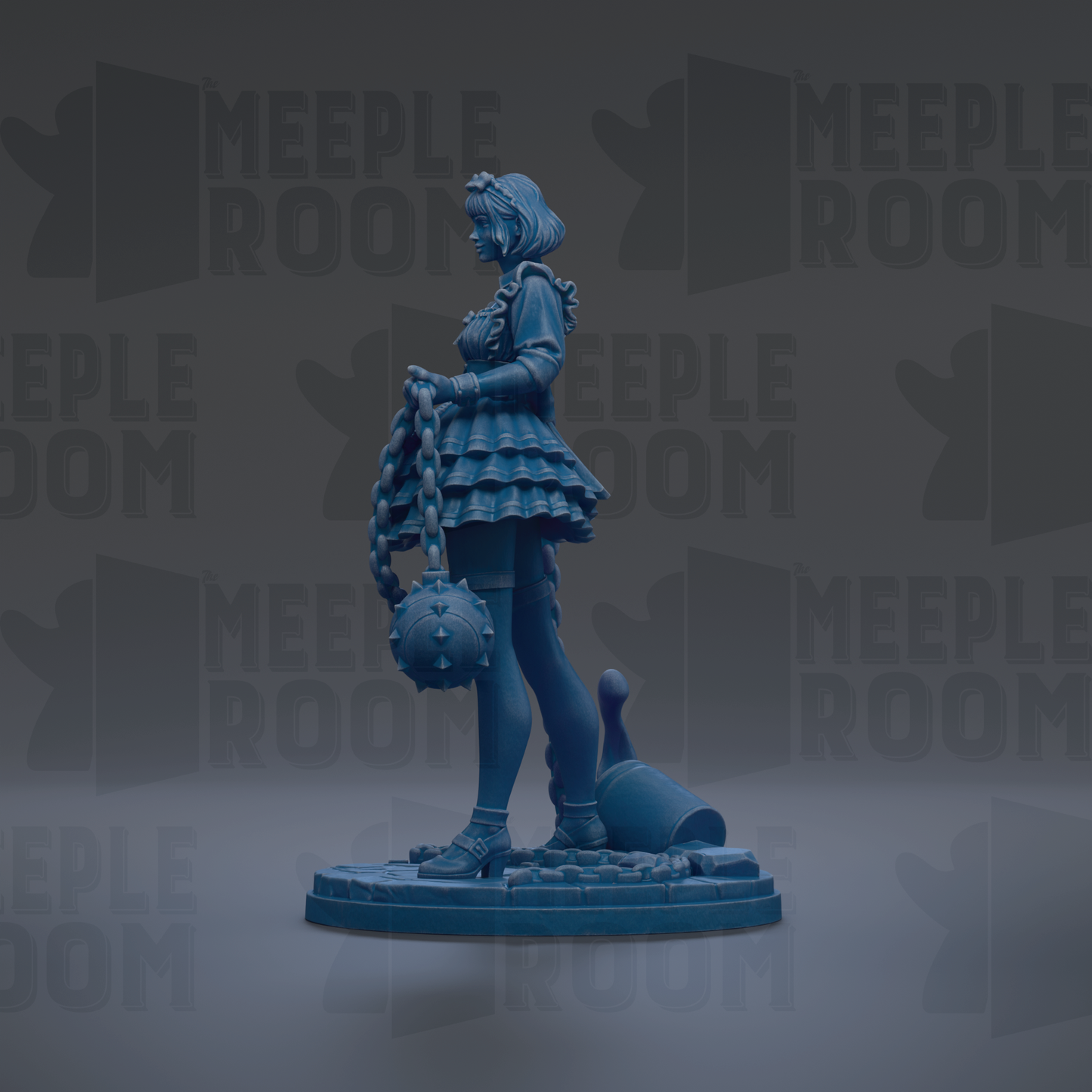A blue figurine of a woman standing on a platform, holding a chain and a round object.