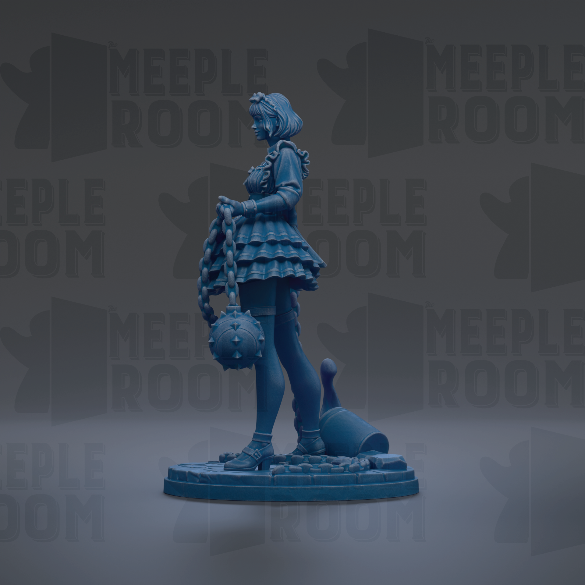 A blue figurine of a woman standing on a platform, holding a chain and a round object.