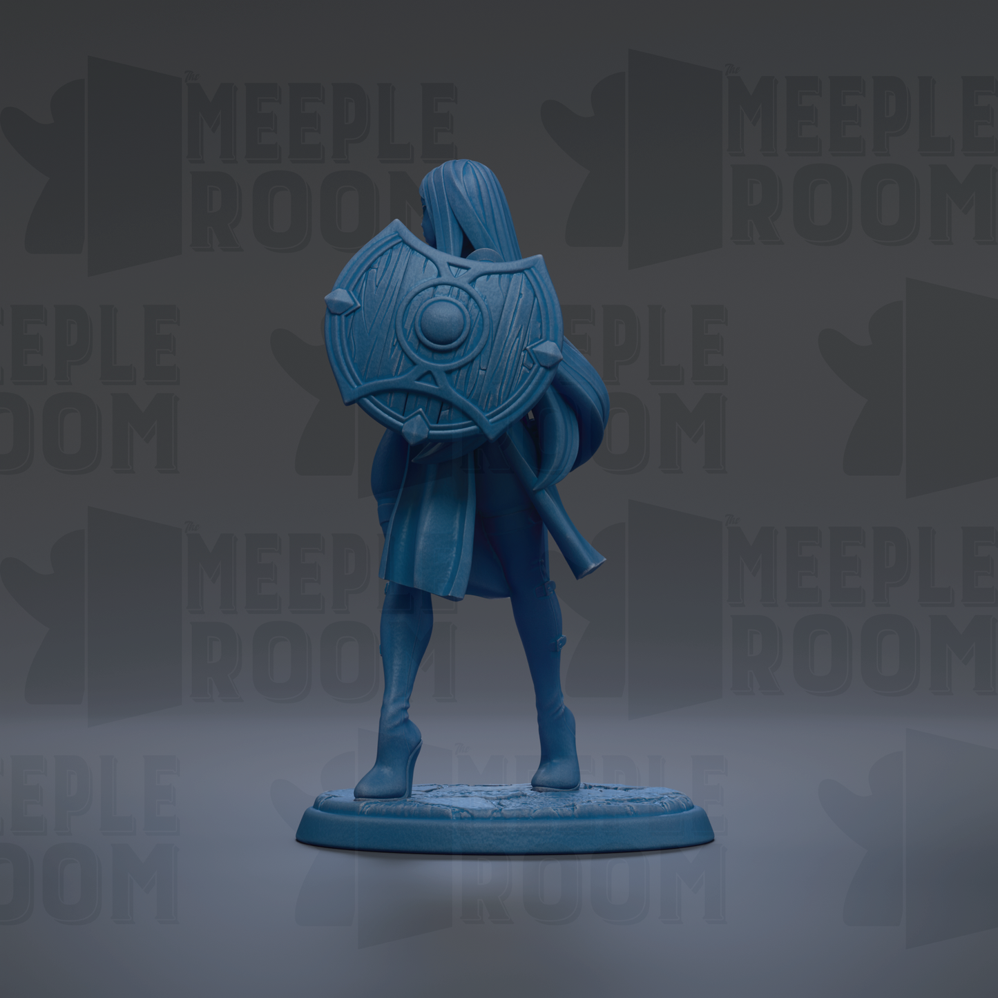A blue figurine of a person holding a shield stands against a dark background with repeated text.