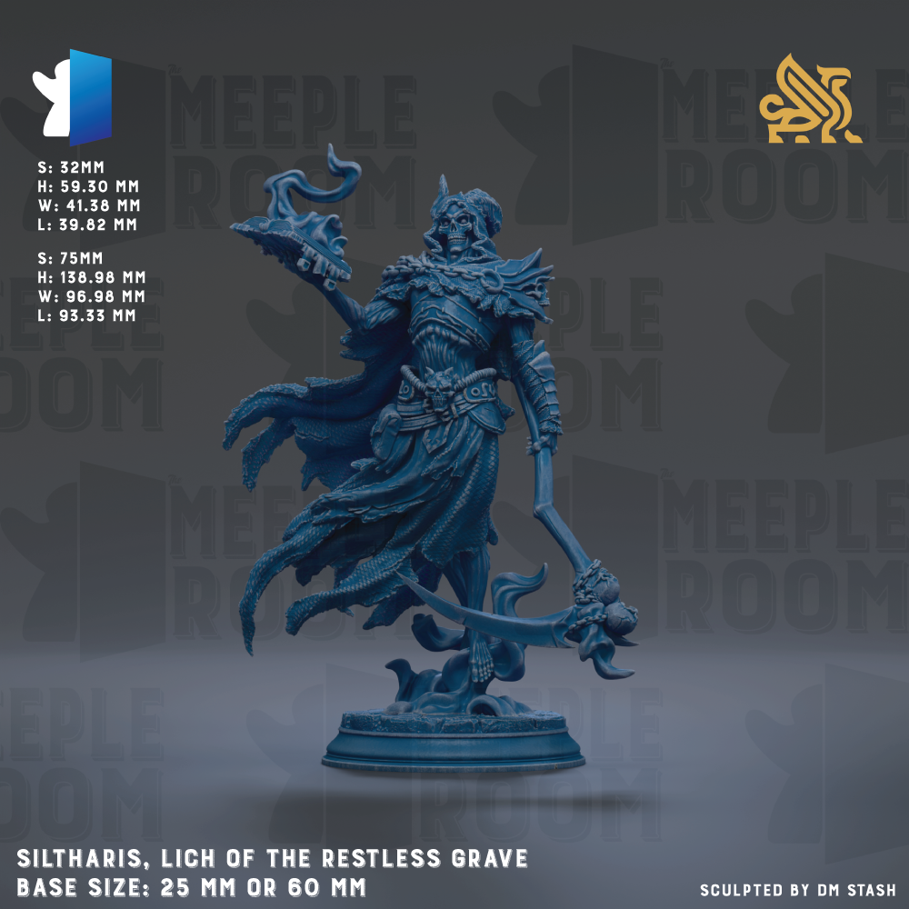 a blue statue of a reclining figure holding a staff, with a skull-like design. The statue is made of a material that resembles stone or metal, and it is shown in a base size of 25mm or 60mm. The statue is described as "SILHARIIS, LICH OF THE RESTLESS GRACE" and is "Sculpted by DM STASH".