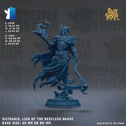 a blue statue of a reclining figure holding a staff, with a skull-like design. The statue is made of a material that resembles stone or metal, and it is shown in a base size of 25mm or 60mm. The statue is described as "SILHARIIS, LICH OF THE RESTLESS GRACE" and is "Sculpted by DM STASH".