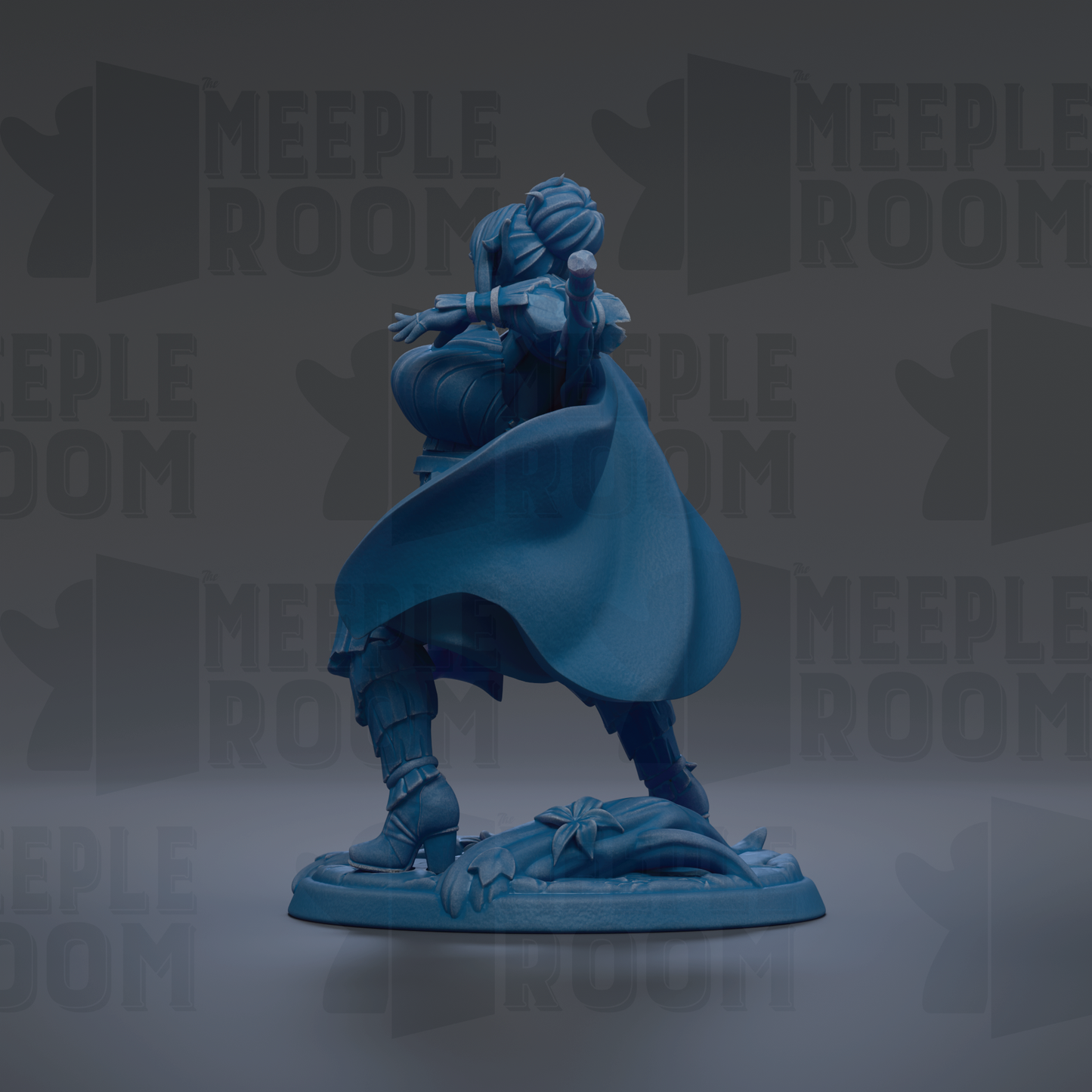 A blue figurine of a person standing on a base, with a flowing cape, against a dark background with repeated text.
