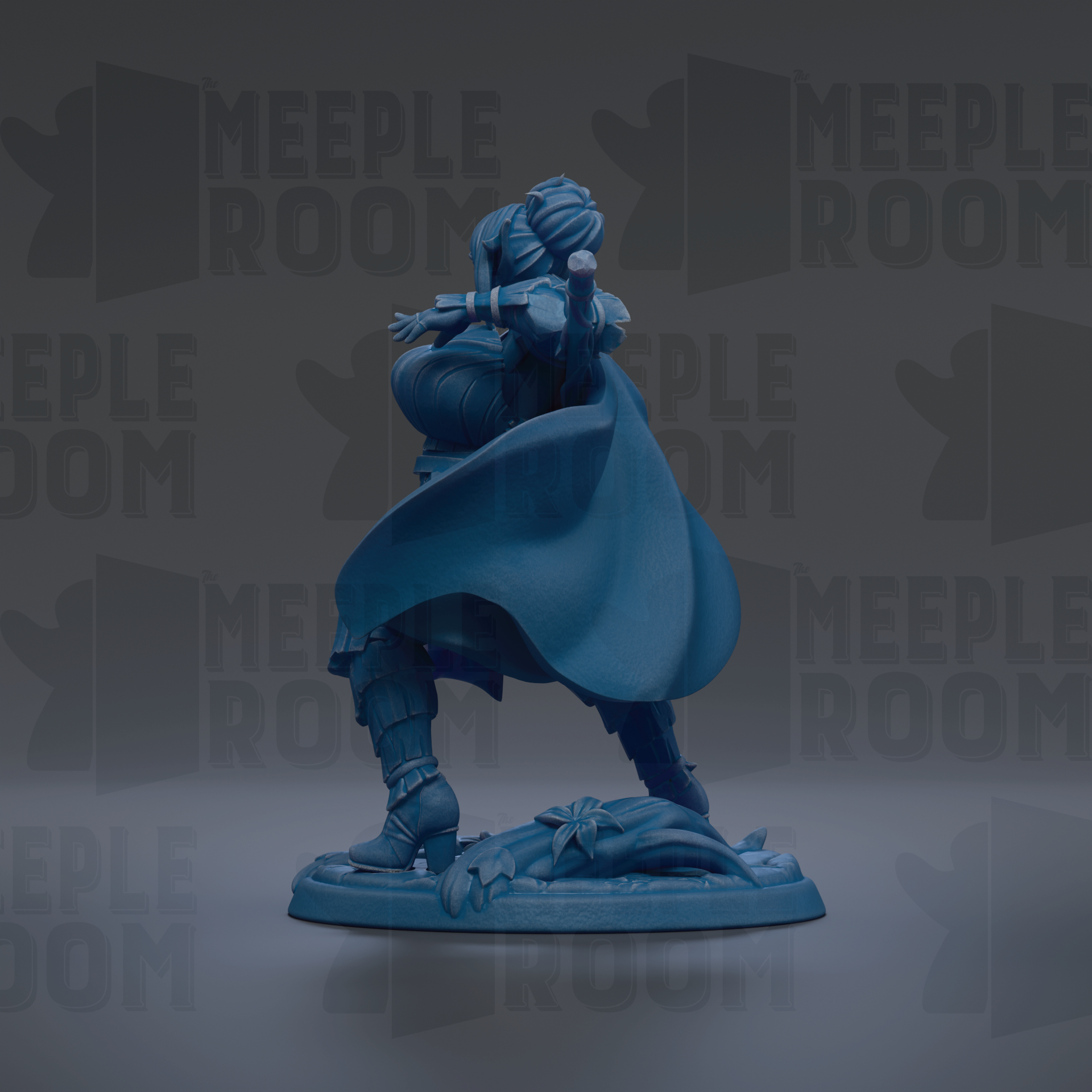 A blue figurine of a person standing on a base, with a flowing cape, against a dark background with repeated text.