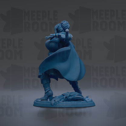 A blue figurine of a person standing on a base, with a flowing cape, against a dark background with repeated text.