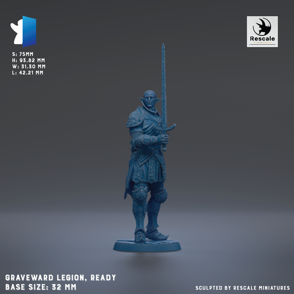 A figurine of a medieval warrior standing in a ready position, holding a sword. The figurine is in a base size of 22mm.