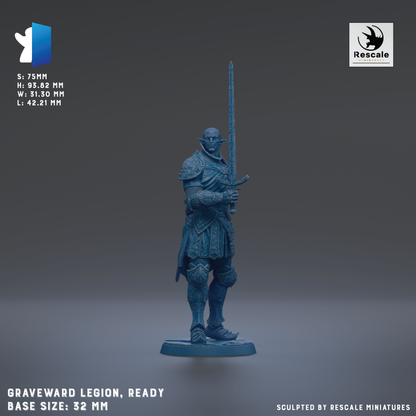 A figurine of a medieval warrior standing in a ready position, holding a sword. The figurine is in a base size of 22mm.