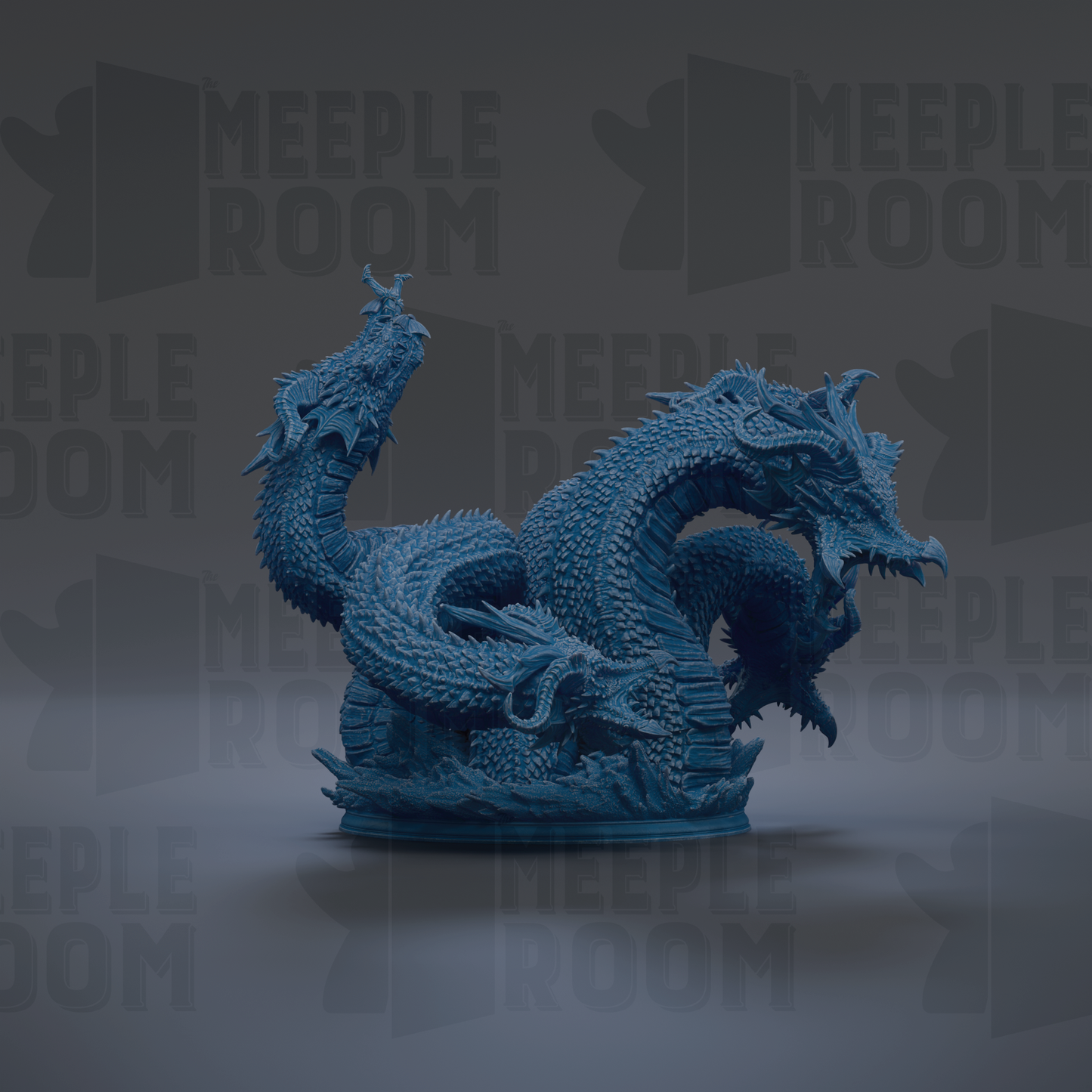 A large, detailed blue dragon statue is prominently displayed against a dark background.