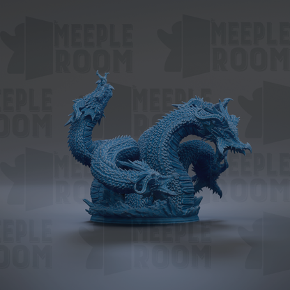 A large, detailed blue dragon statue is prominently displayed against a dark background.