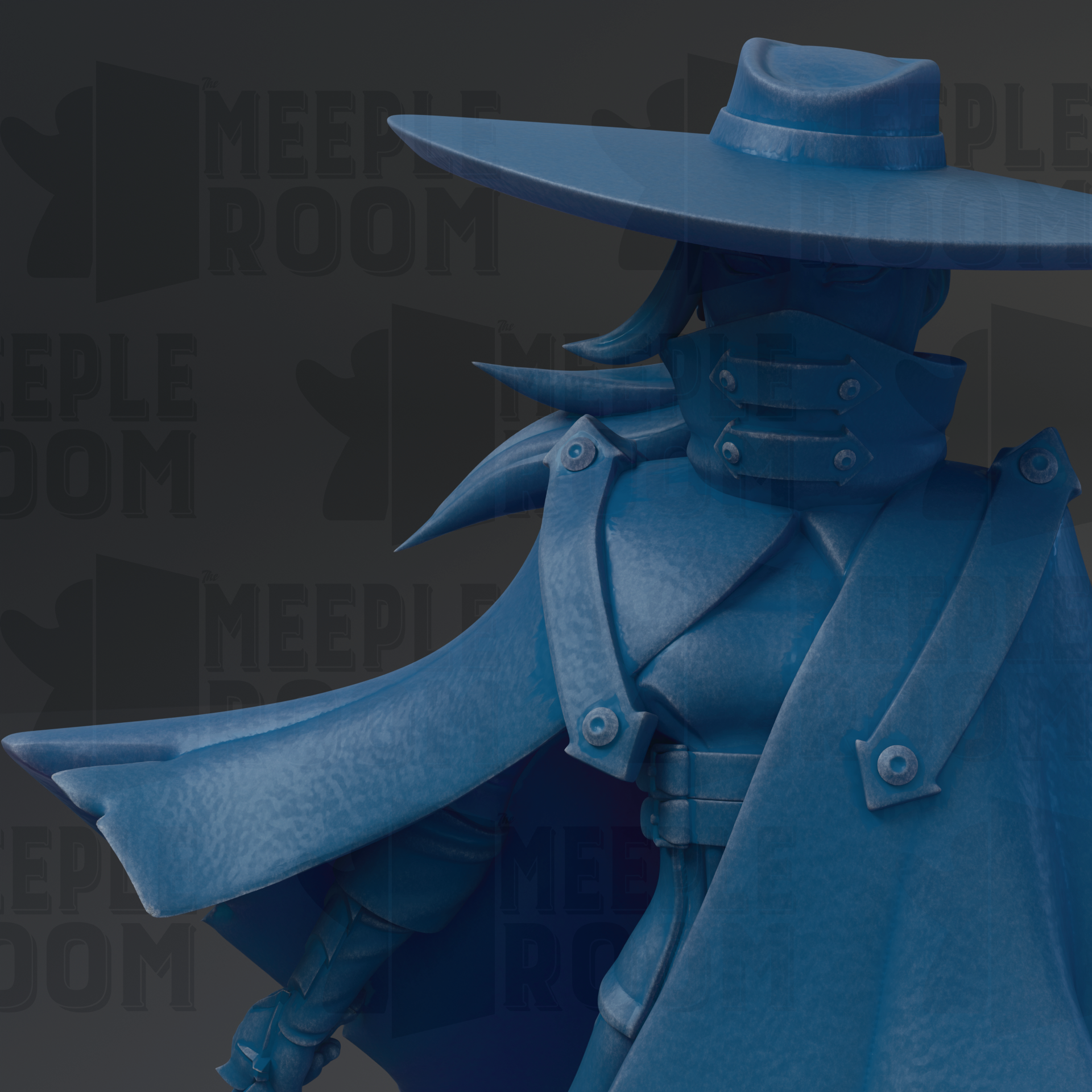 A close-up of a blue, hooded figure with a pointed hat, standing against a dark background.