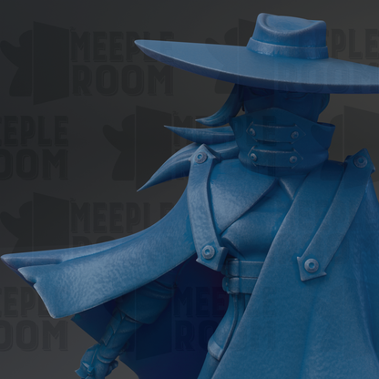 A close-up of a blue, hooded figure with a pointed hat, standing against a dark background.