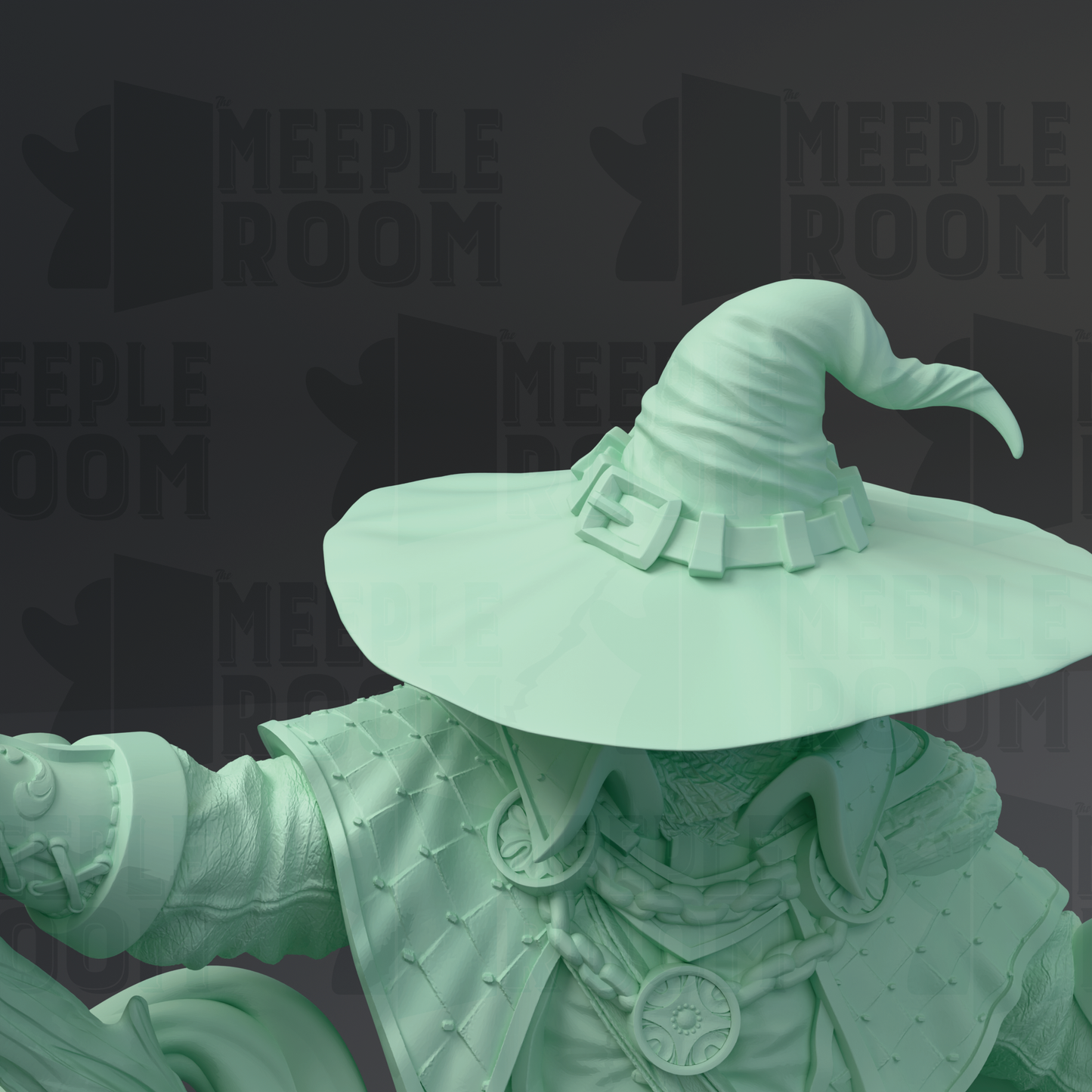 A close-up of a green, detailed statue of a wizard or magical figure wearing a large, pointed hat with a buckle.