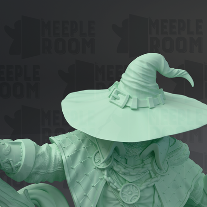 A close-up of a green, detailed statue of a wizard or magical figure wearing a large, pointed hat with a buckle.
